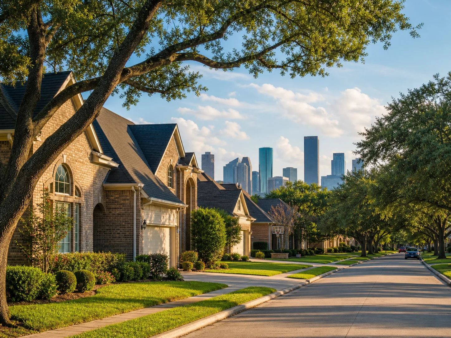 Houston neighborhood street with brick homes and downtown skyline