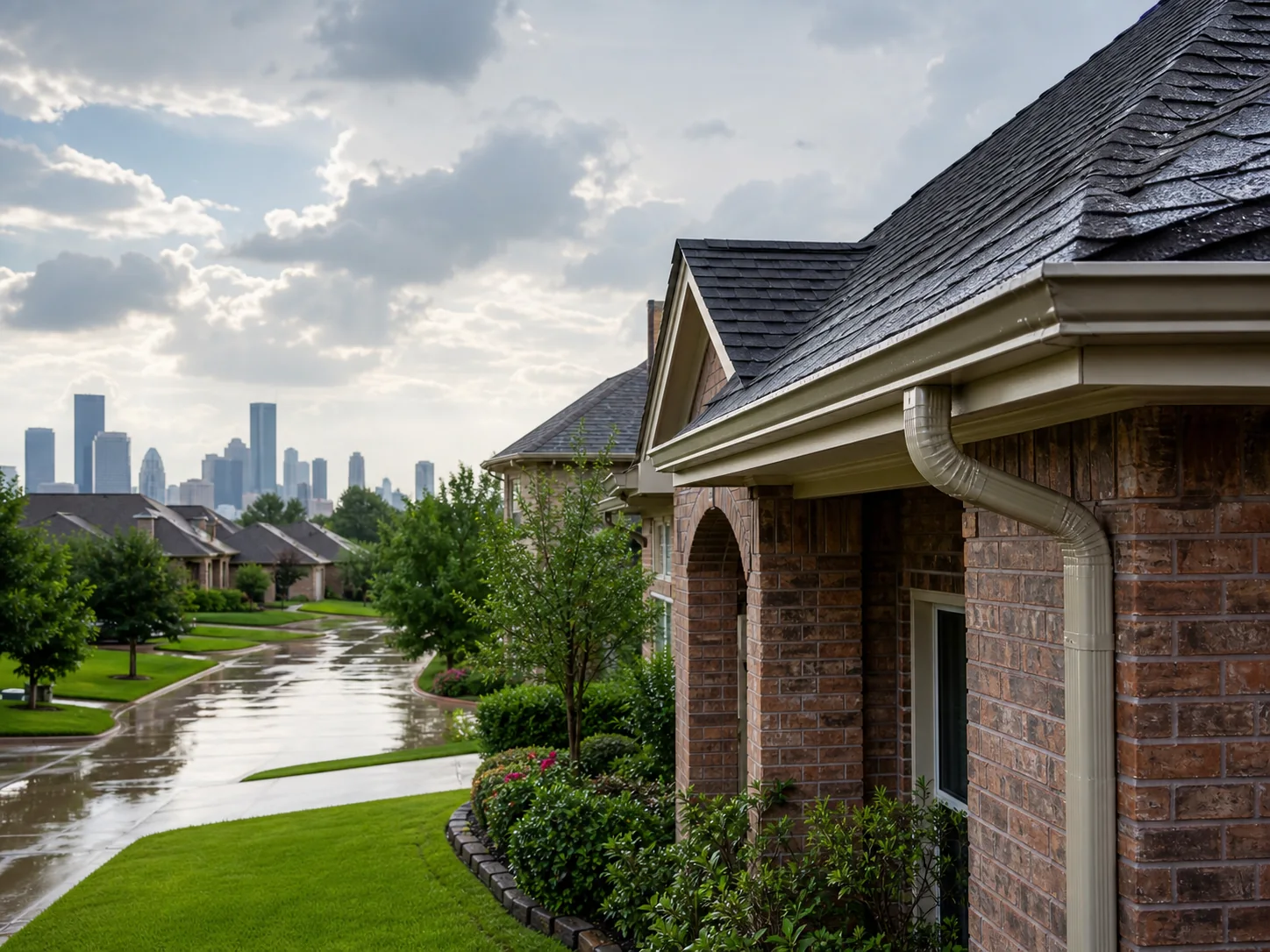 Houston home exterior with gutters after rain and skyline in the distance