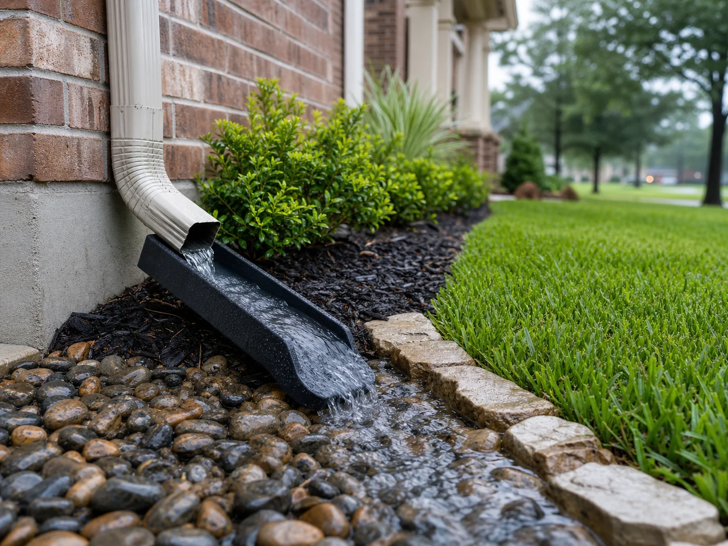 Downspout extension moving rainwater away from a brick home