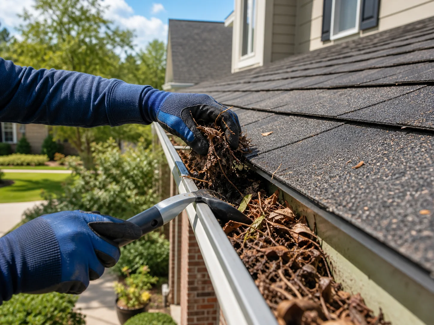 Gloved hands clearing leaves and debris from a residential gutter