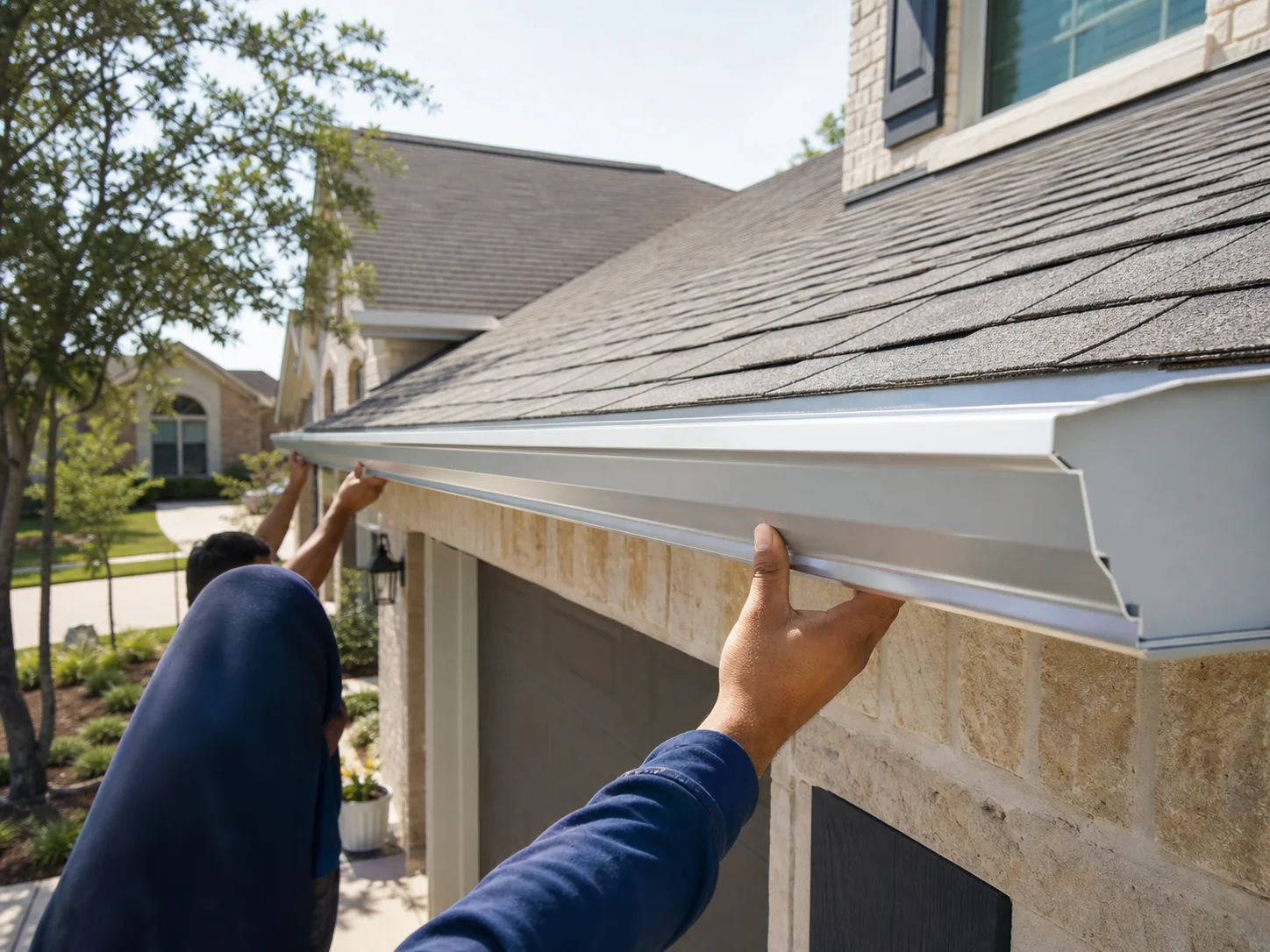 New seamless gutter being installed along a residential roofline