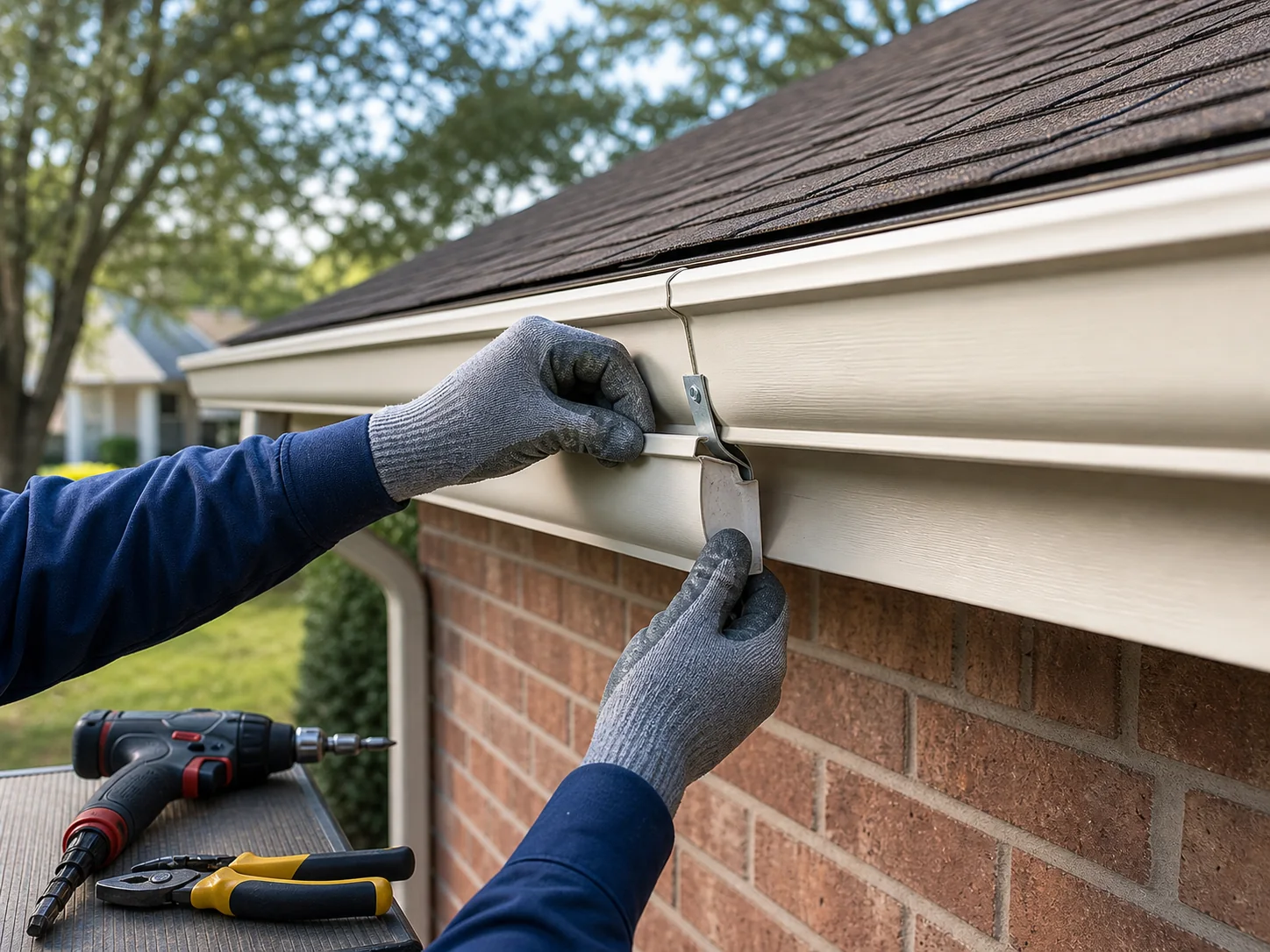 Gloved hands repairing a residential gutter bracket
